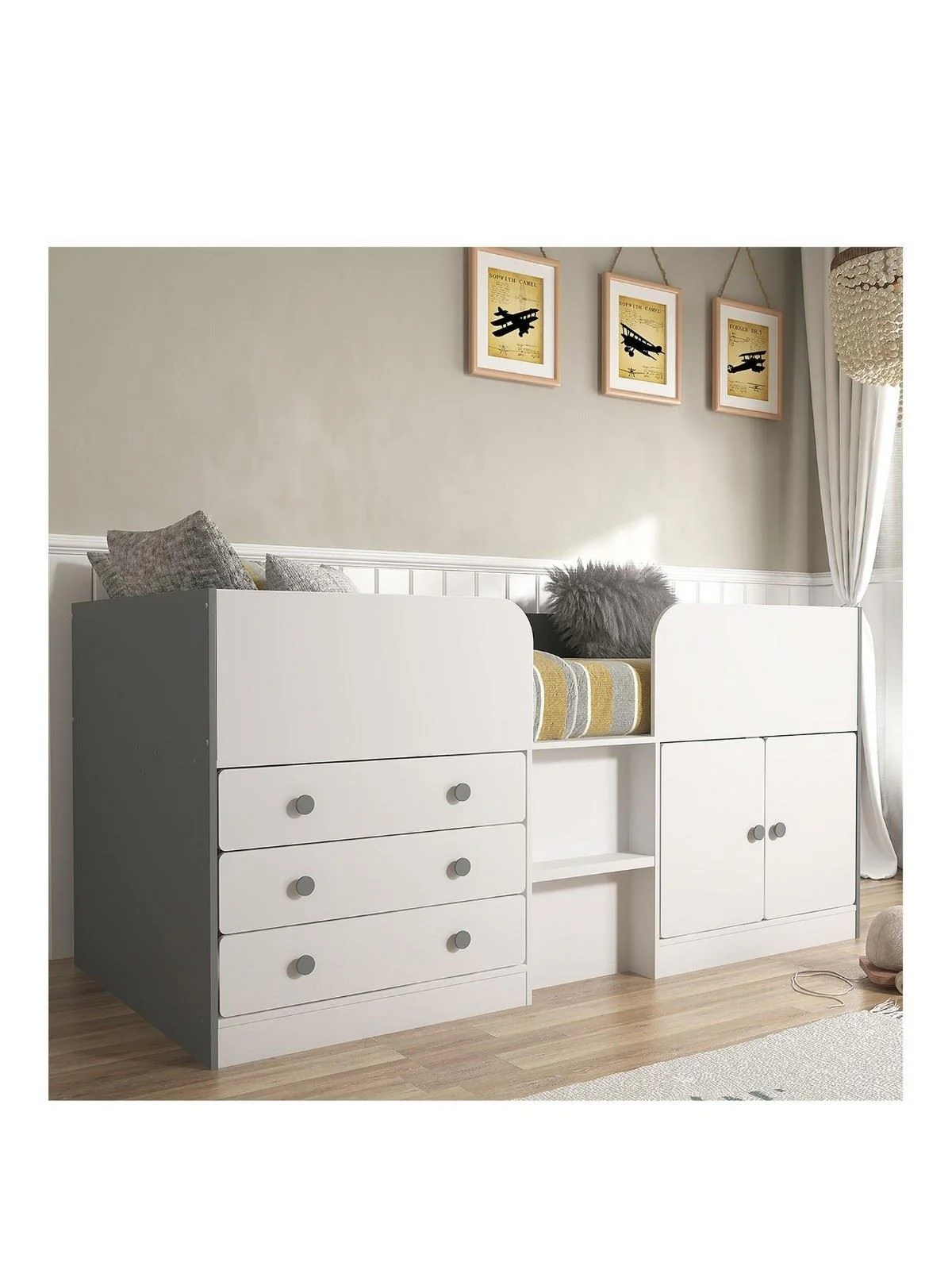 Peyton Mid Sleeper Bed White/Grey | Storage Drawers & Cupboard | No Mattress - Image 2