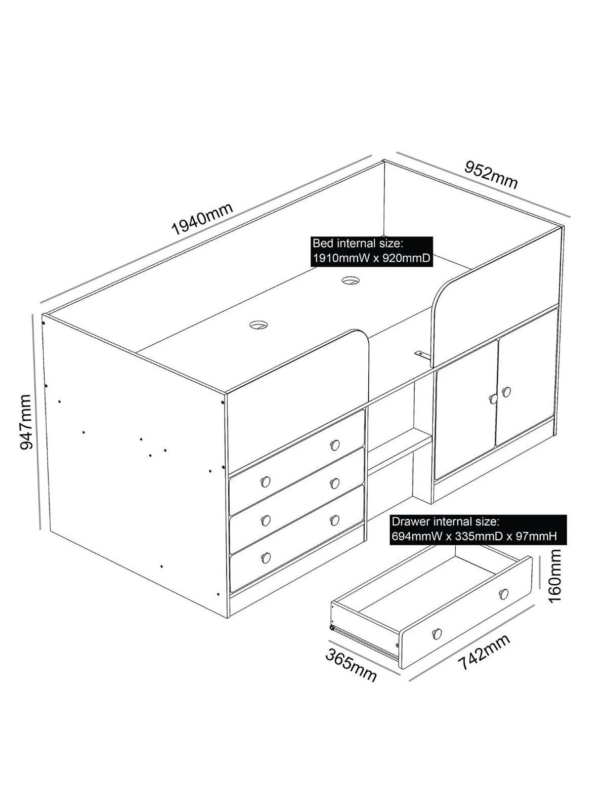 Peyton Mid Sleeper Bed White/Grey | Storage Drawers & Cupboard | No Mattress - Image 4