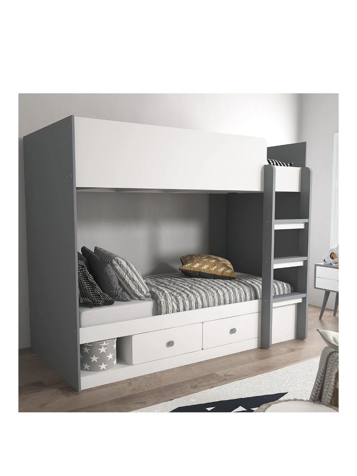 Peyton Storage Bunk Bed White Grey Kids Childrens Single Space Saving Furniture - Image 2