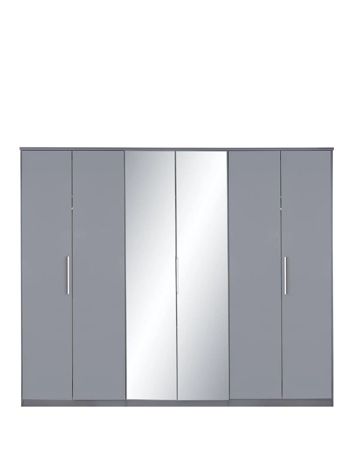 Prague Gloss 6 Door Mirrored Wardrobe Grey | Large Storage | Bedroom Organiser - Image 2
