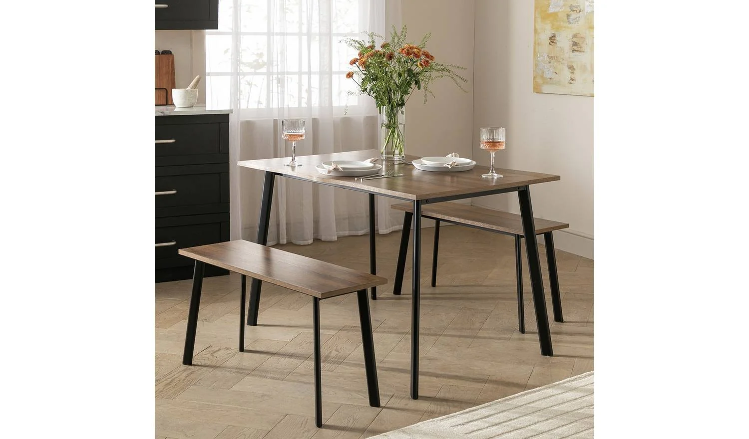 Railo Walnut Dining Table & 2 Walnut Benches Modern Kitchen Furniture - Image 3