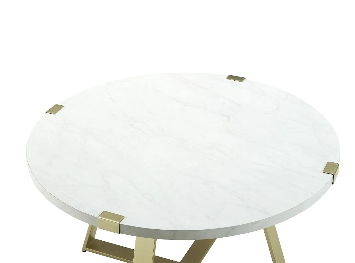 Round Coffee Table - White Faux Marble/Gold Elegant Living Room Furniture - Image 2