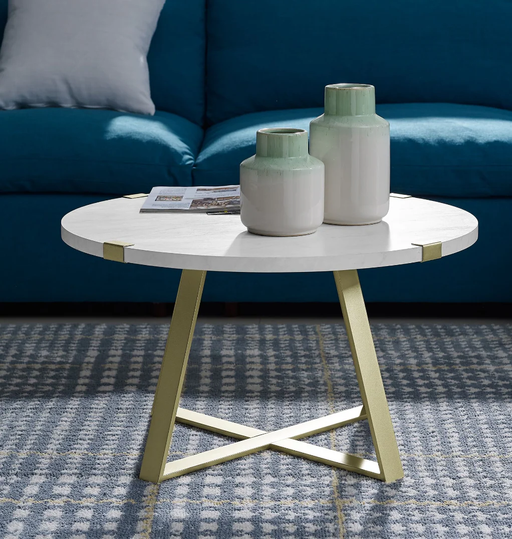 Round Coffee Table - White Faux Marble/Gold Elegant Living Room Furniture - Image 3