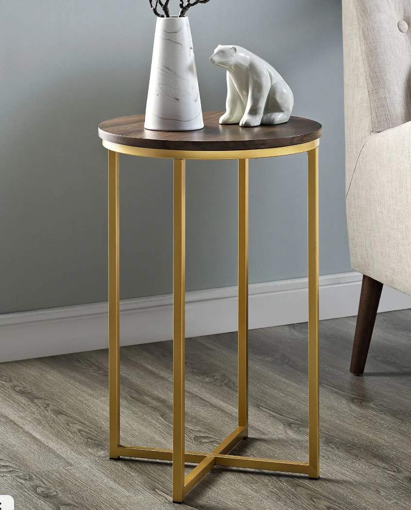 Round Side Table Dark Walnut/Gold Elegant Living Room Furniture - Image 4