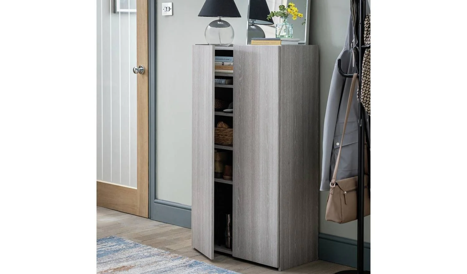 Seville 2 Door Shoe Storage Cabinet Grey Oak Organiser With Shelves - Image 2