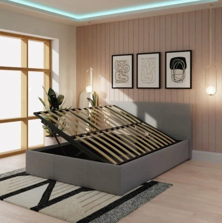 Side Lift Ottoman Bed Frame Small Double 4ft Grey Hopsack Fabric Storage - Image 2