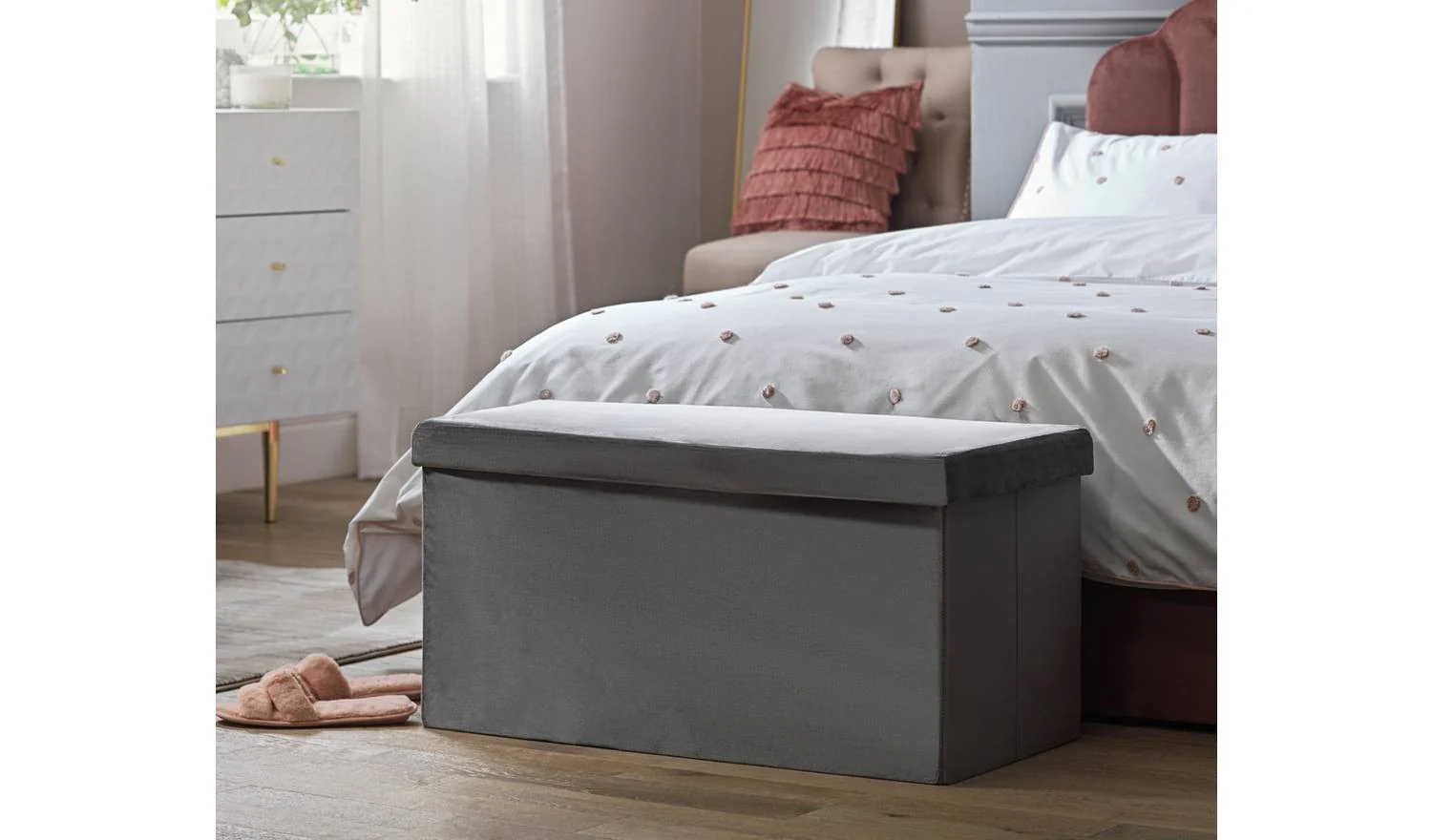 Smooth Velvet Ottoman Grey Storage Footstool Living Room Furniture - Image 3