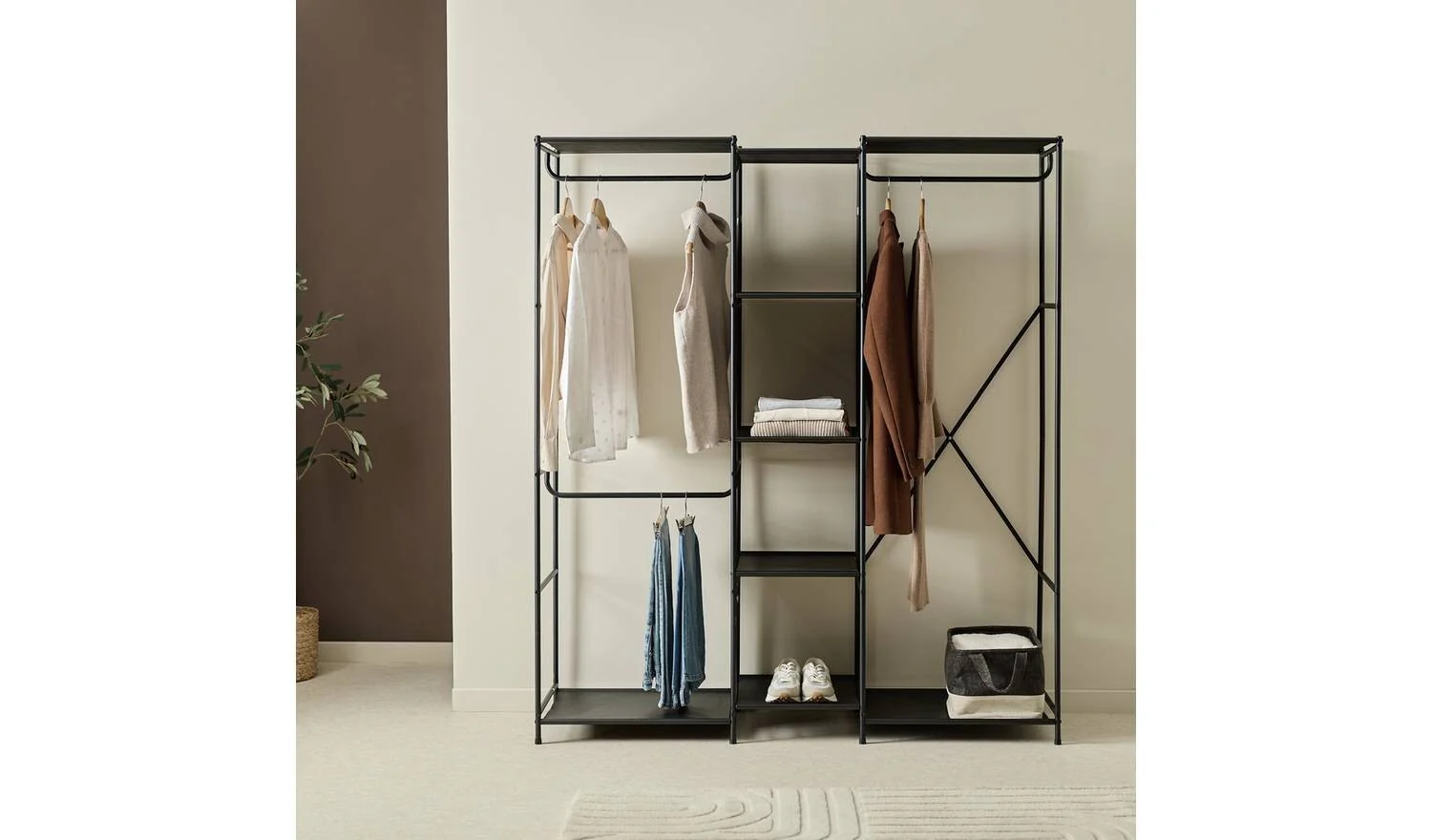 Spencer 3 Rail 6 Shelf Wardrobe Black Storage Organiser Bedroom Furniture - Image 3