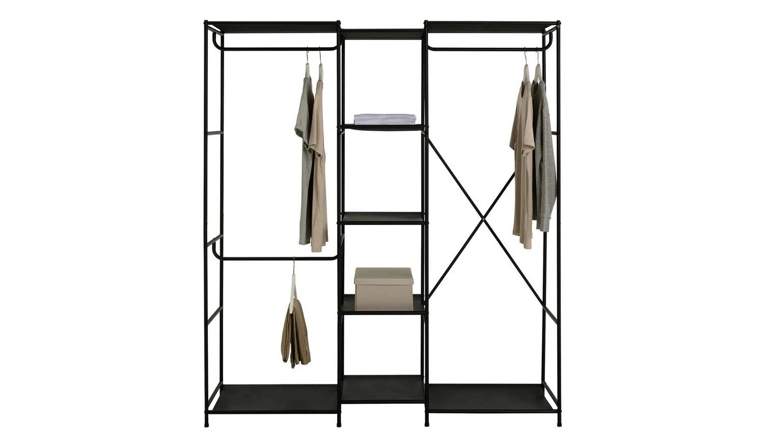 Spencer 3 Rail 6 Shelf Wardrobe Black Storage Organiser Bedroom Furniture - Image 4