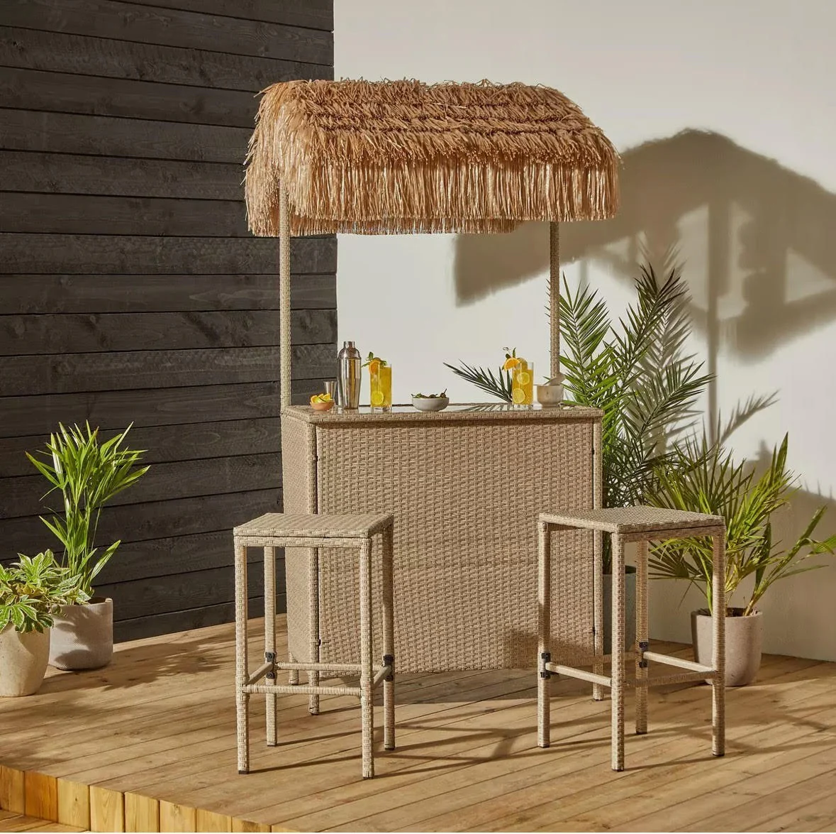Tiki 3 Piece Bar Set Outdoor | Thatched Canopy | 2 Bar Stools | Tropical - Image 5