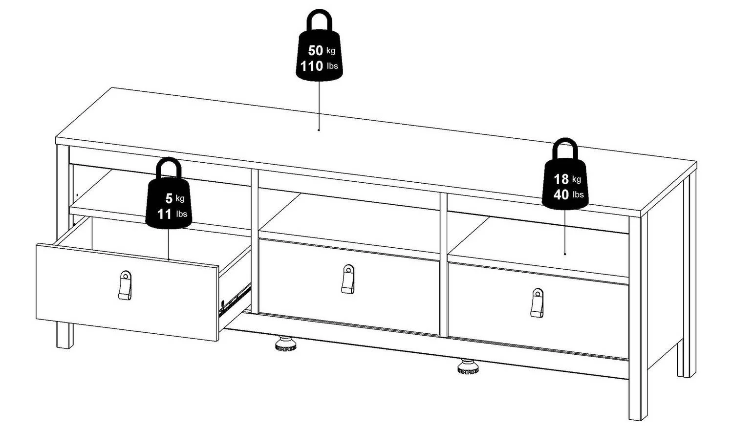 Tvilum Madrid 3 Drawer TV Unit White Media Storage Cabinet Living Room - Image 4