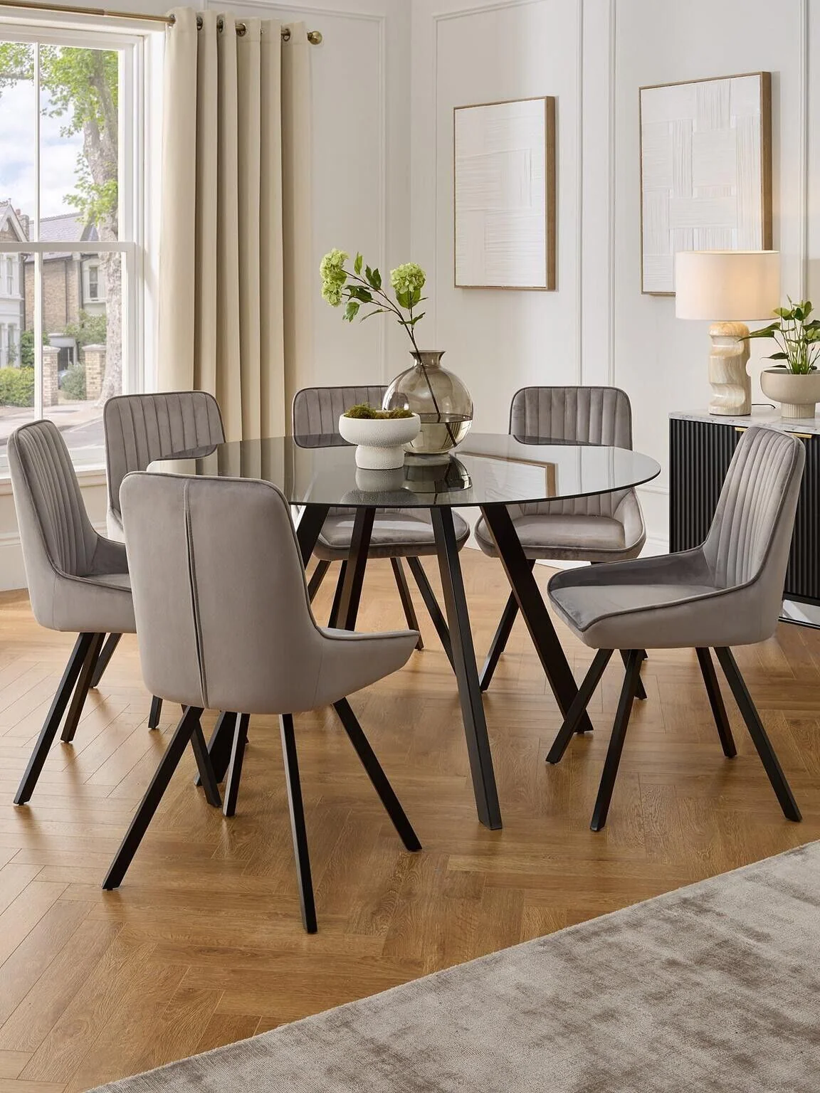 Very Home Marlow 130 cm Round Elegant Dining Table Black Clear Glass TOP - Image 7