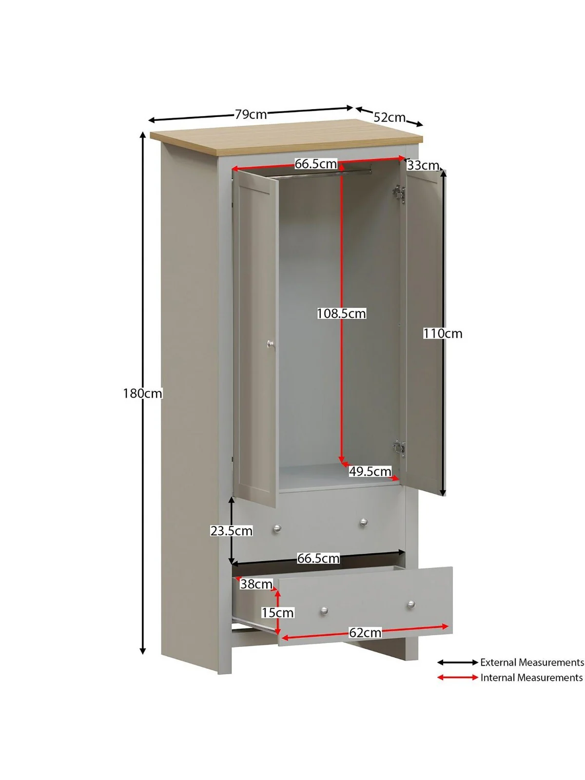 Vida Designs Arlington 2 Door 2 Drw Wardrobe Grey Functional Bedroom Furniture - Image 6