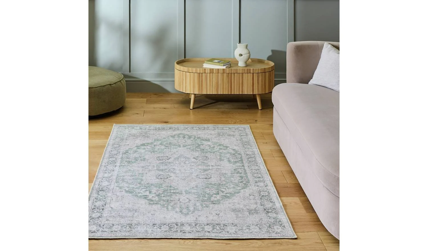 Vintage Effect Green Flatweave Rug 120x170cm Distressed Living Room Floor - Image 2