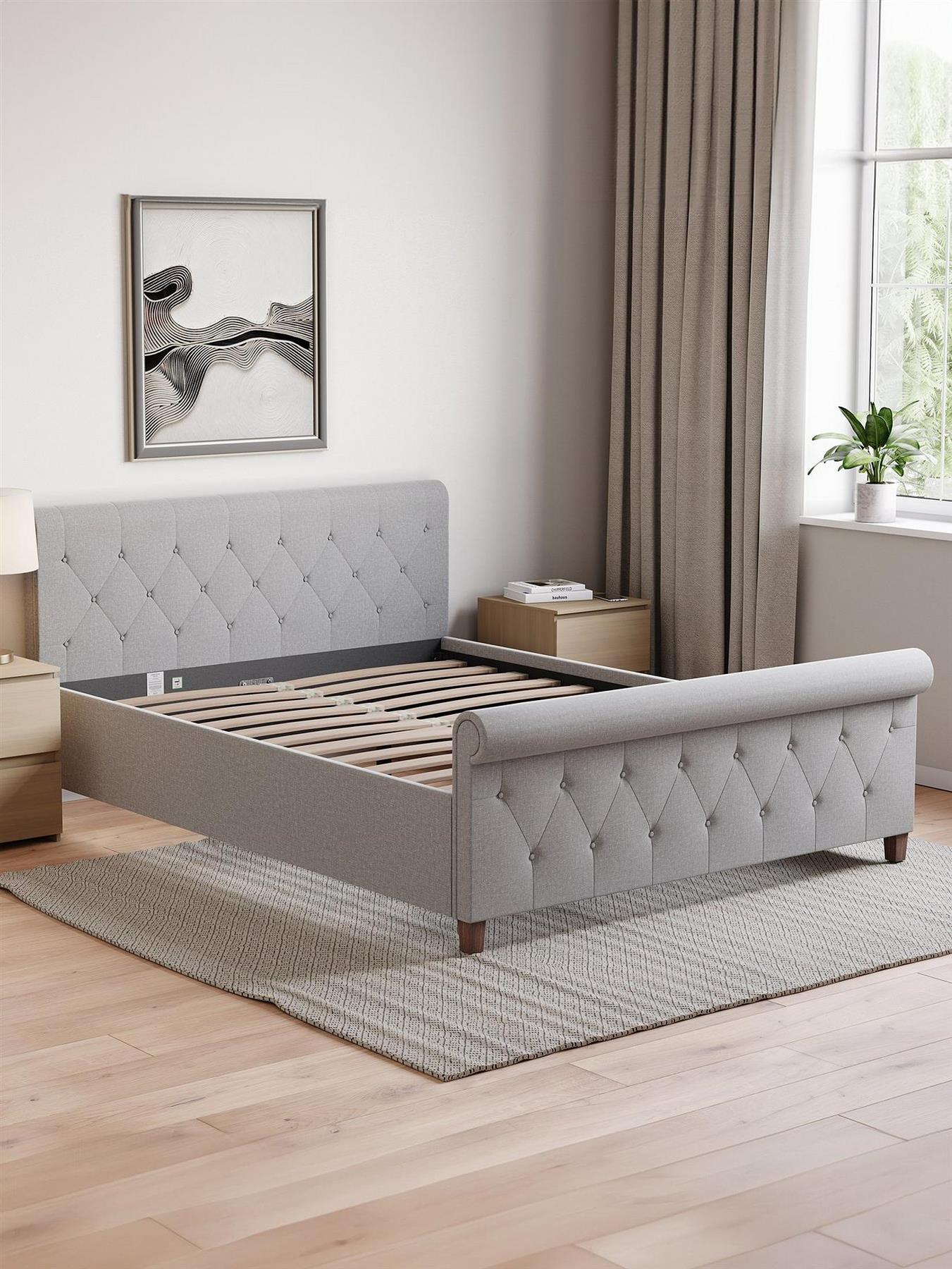 Vittorio Linen King Bed Light Grey Upholstered Fabric Frame Modern - Image 3
