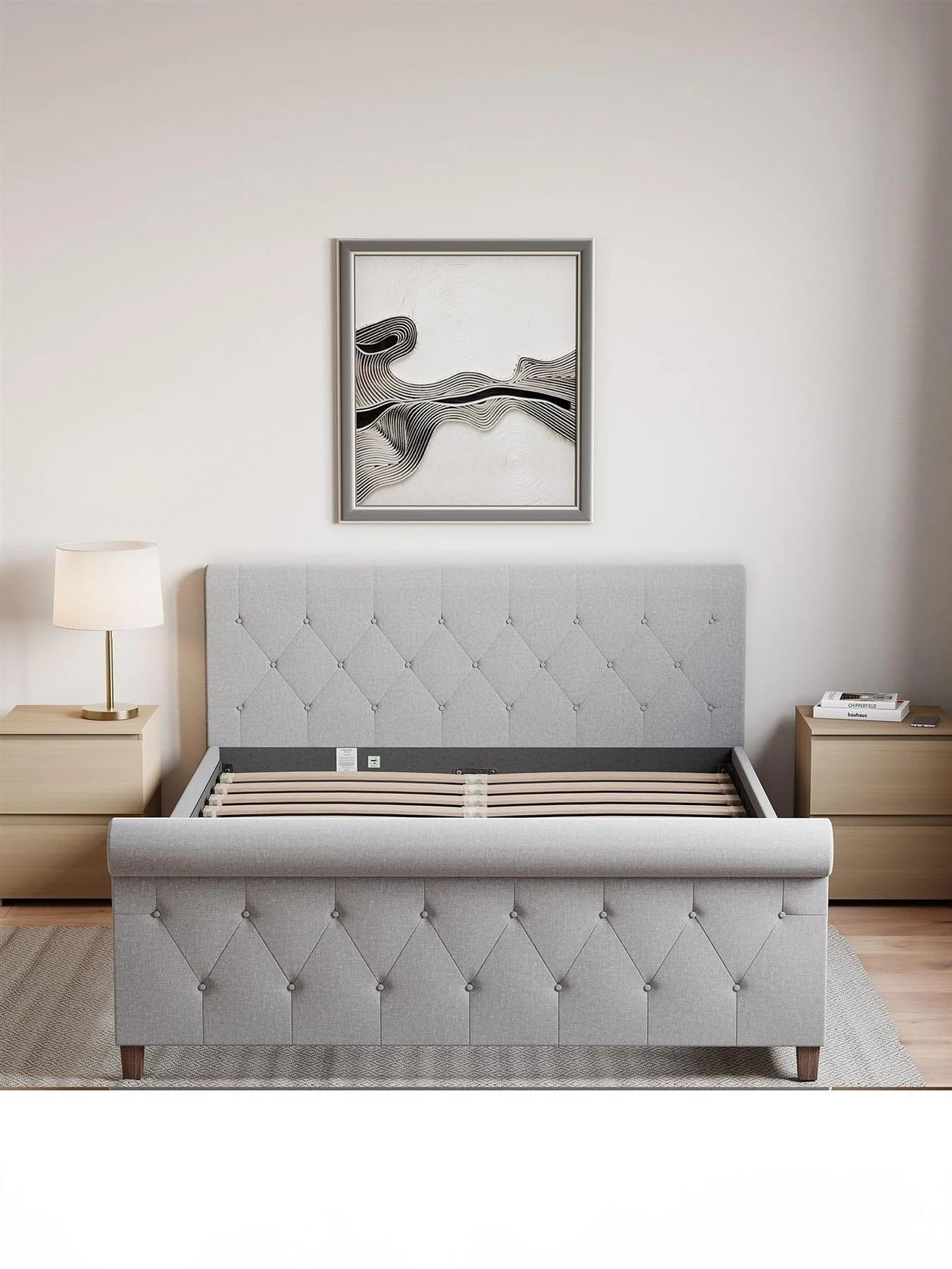 Vittorio Linen King Bed Light Grey Upholstered Fabric Frame Modern - Image 4