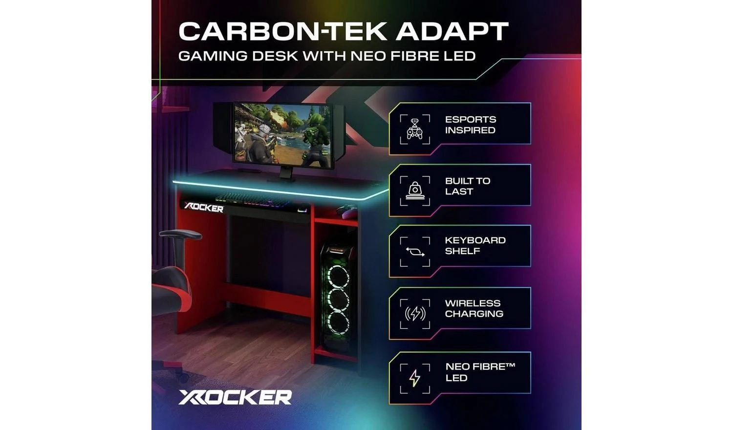 X Rocker Carbon-Tek Adapt LED Gaming Desk Grey Modern Home Office - Image 3