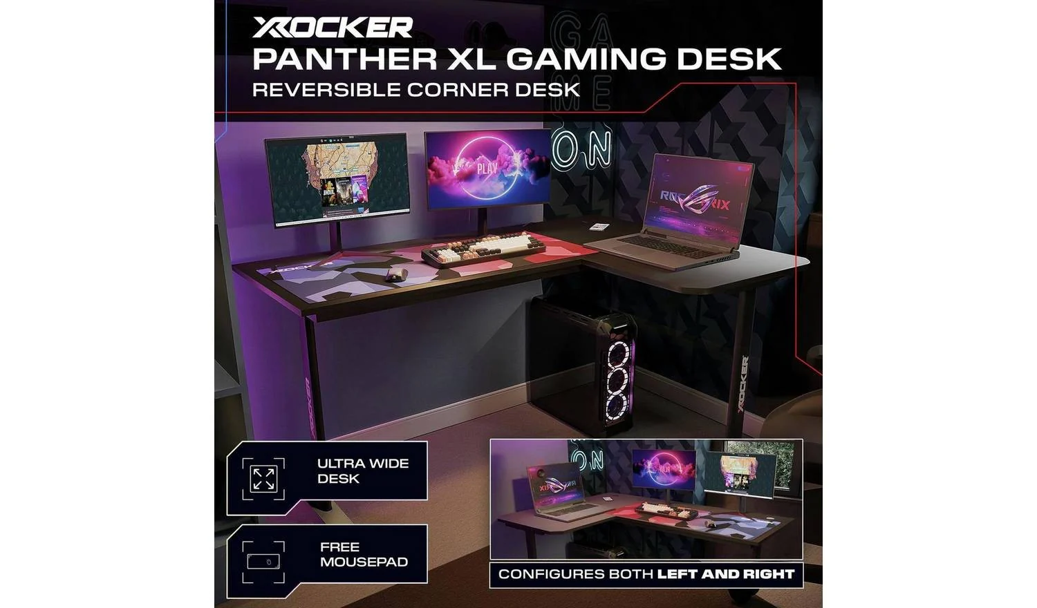 X Rocker Panther XL Reversible Corner Gaming Desk Black L Shaped - Image 2